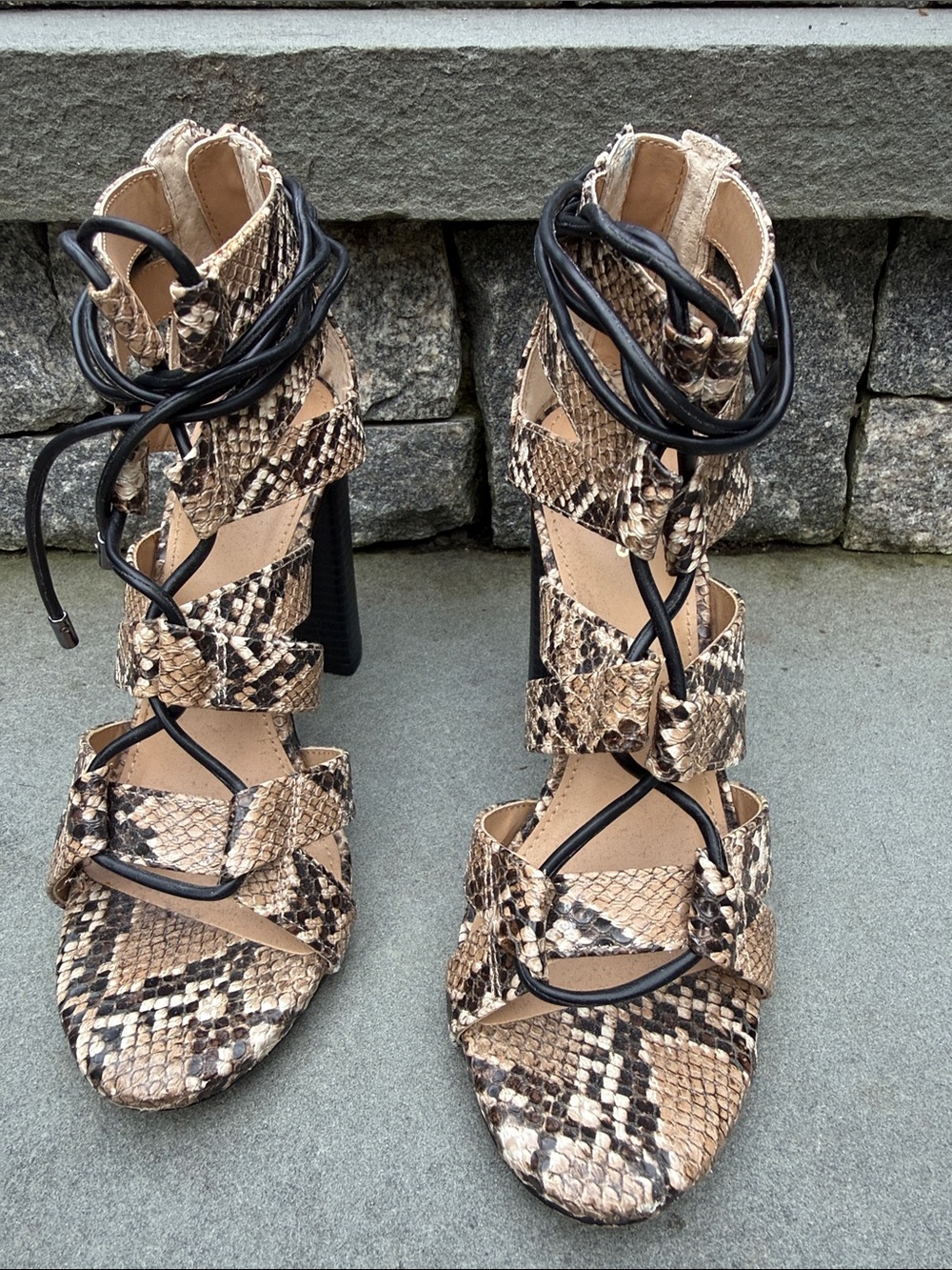 Express Snake-Print Lace-Up Block Heels - Beige/Brown